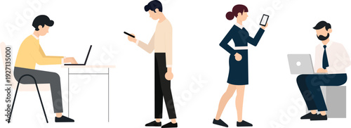Diverse individuals in a modern flat illustration, engaging with laptops and smartphones, representing digital connectivity, remote work, social interaction, and technology's  in contemporary