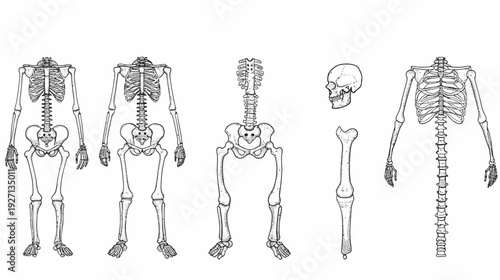 Anatomy illustration displaying detailed human skeletal structures, including full figures and bone segments