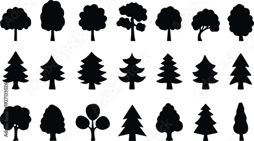 Collection Of Tree Silhouettes Featuring Pine Spruce Oak And Deciduous Species For Nature Landscape Forest Environment Conservation And Seasonal Vector Design