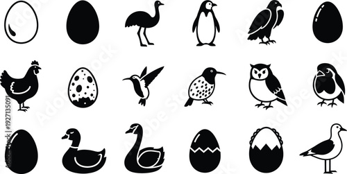 Collection of bird and egg icons featuring various species like owl penguin and swan