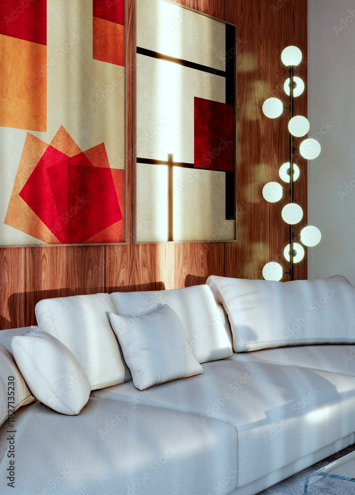 Fototapeta premium Large illustration 3D rendering luxury modern bright interiors Living room mockup with Couch and Ceiling Fan Ventilation