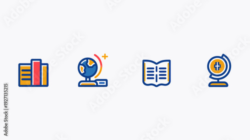 Four educational icons buildings, globe, open book, and another globe. All with blue and yellow outlines