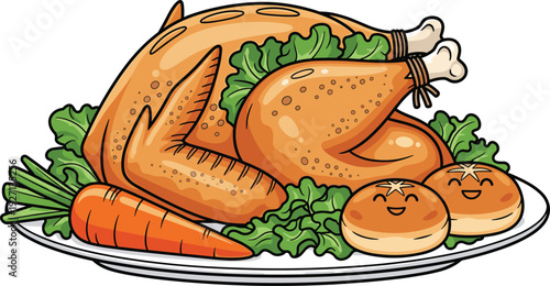Roasted turkey on platter with carrots lettuce and cute smiling dinner rolls for thanksgiving holiday feast flat vector cartoon illustration