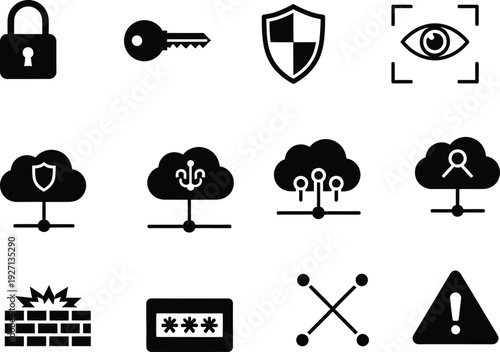 Collection of black and white cybersecurity icons representing data protection and network safety.