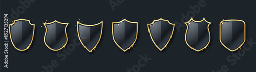 Golden shield emblem with ornate vintage frames and metallic accents, perfect for corporate logos, medieval badges, or luxury brand identity designs with protective symbolism.