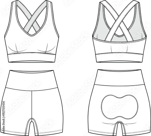 Women Athletic Yoga Set Featuring Cross Back Sports Bra and High Waisted Biker Shorts Front and Back View CAD Drawing Flat Vector Illustration