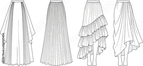 Women Long Maxi Skirt Technical Fashion Flat Sketch Set Featuring Pleated Ruffle and Draped Designs CAD Drawing Flat Vector Illustration