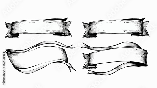 Four black and white hand-drawn banners. Two have a straight top and bottom, the other two are wavy