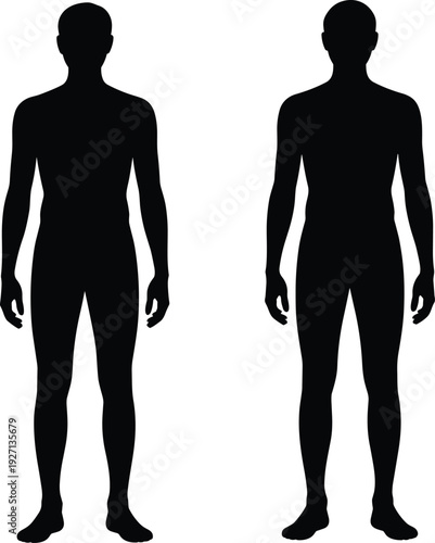 Full length front view black silhouettes of two athletic male human bodies isolated on white background for medical and fitness design (21 words)