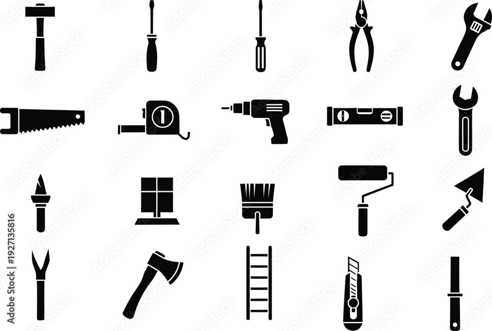 Fototapeta premium Collection of various black tool icons and silhouettes for construction and home repair.