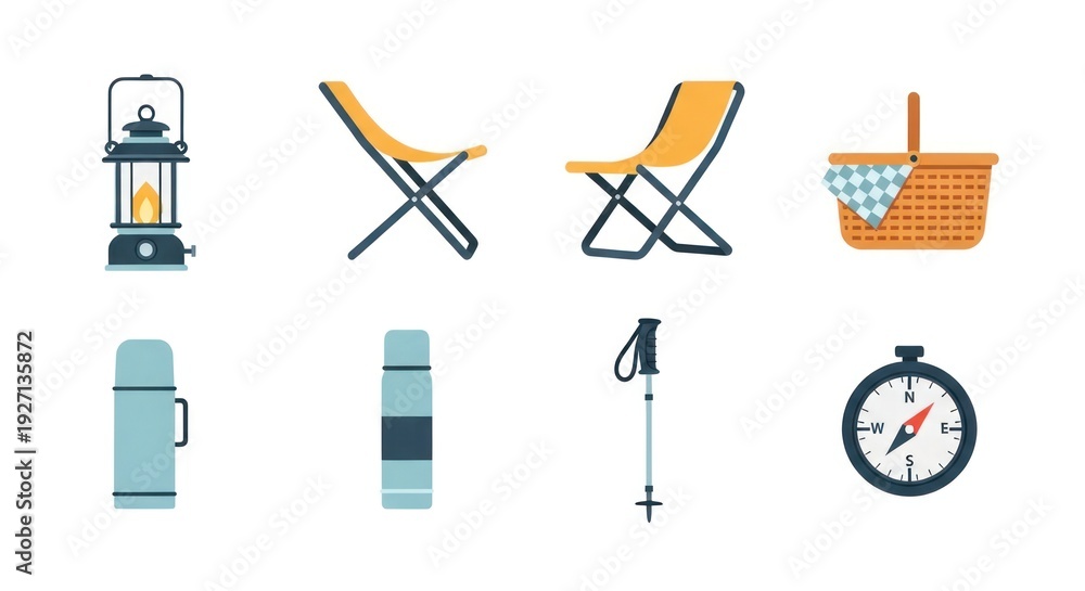 Fototapeta premium Camping and outdoor adventure equipment illustrations on white background