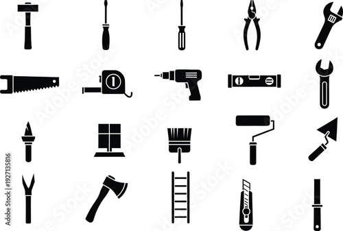 Collection of various black tool icons and silhouettes for construction and home repair.