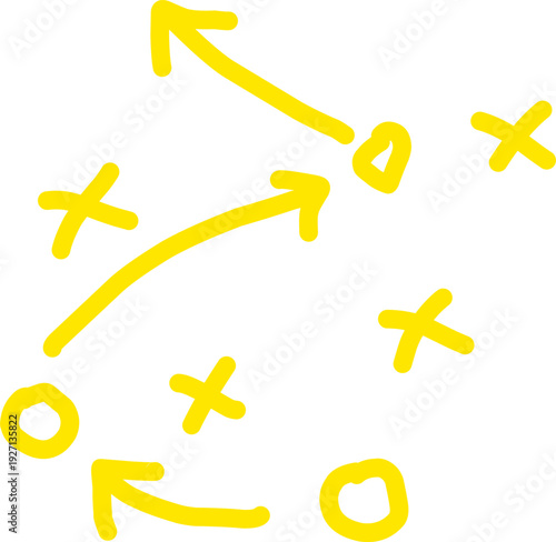 Yellow play strategy arrows with X and O marks. Hand drawn tactic plan icon for sports coaching, teamwork, business planning, and game strategy design.