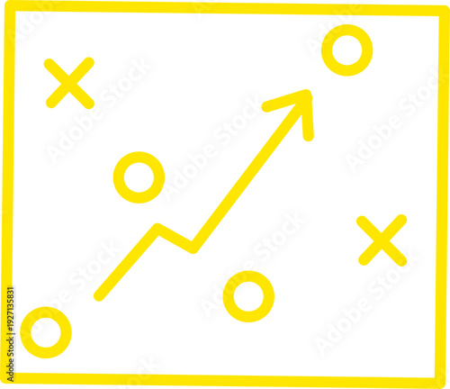 Yellow strategy board icon with rising arrow and X O symbols. Minimal outline vector for planning, analytics, business growth, and tactics design.