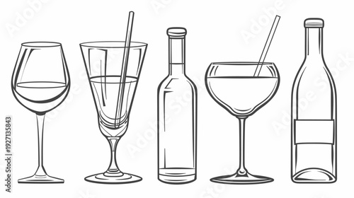 Linear illustration of different glassware with various beverages in a row. Various bottle