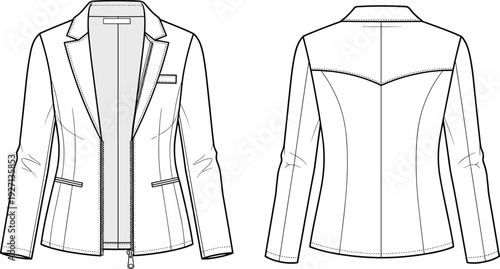 Women Zip Front Blazer Technical Fashion Flat Sketch Set Front and Back View CAD Drawing Flat Vector Illustration for Apparel Design