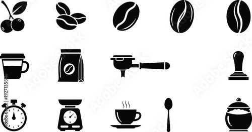 Collection of black and white coffee brewing equipment and bean icons on a white background.