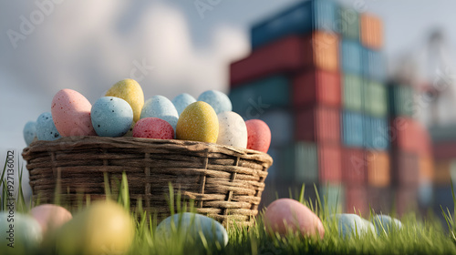 Easter basket with colorful eggs on spring grass at an industrial port, shipping containers behind, warm morning sunlight, bright seasonal logistics scene.