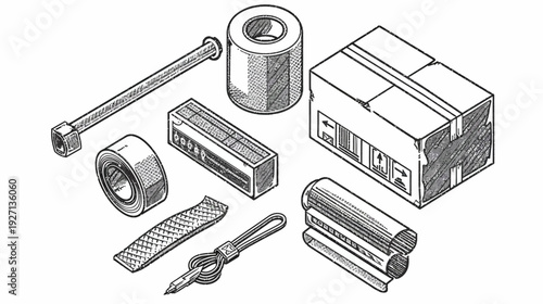 Isometric monochrome illustration depicting various tools and packaging