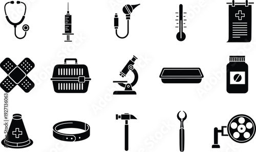 Collection of black and white veterinary and medical icons on a white background