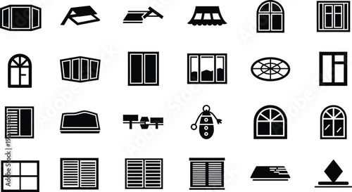 A collection of various black and white window and architectural element icons on white background.
