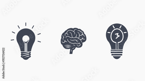 Three simple, illustrative icons a lightbulb with beams, a brain, and a lightbulb containing a flash
