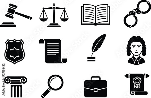 A collection of black and white legal icons representing law and justice concepts.