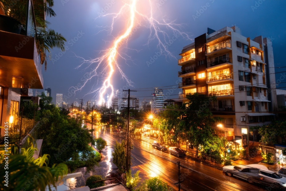 Naklejka premium Striking Lightning During Vivid Tropical Rainstorm in Cityscape
