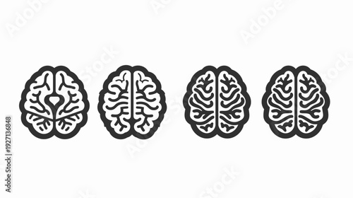Four stylized illustrations of the human brain in different views. Black and white vector art