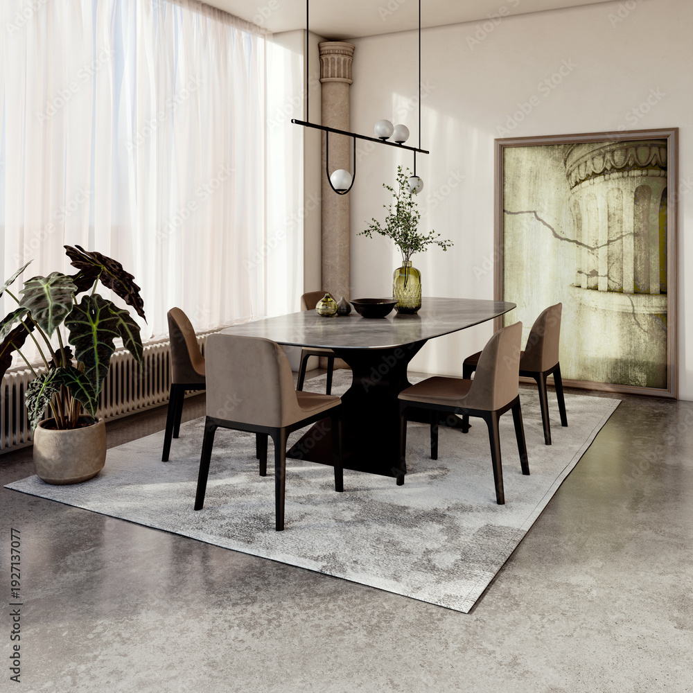 Fototapeta premium Large illustration 3D rendering luxury modern bright interiors Living room mockup with Couch and Ceiling Fan Ventilation