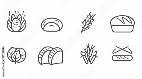 Collection of stylized food illustrations in line art, featuring various items on a white background