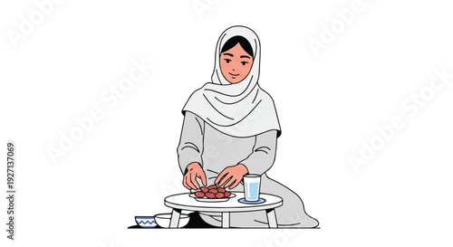 Young Muslim Woman Preparing Dates and Water for Iftar, Symbolizing the Sacred Fast-Breaking Ritual During Ramadan Celebration