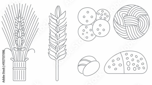 Gray line art featuring assorted baked goods, wheat and grains, plus a bundle of wheat
