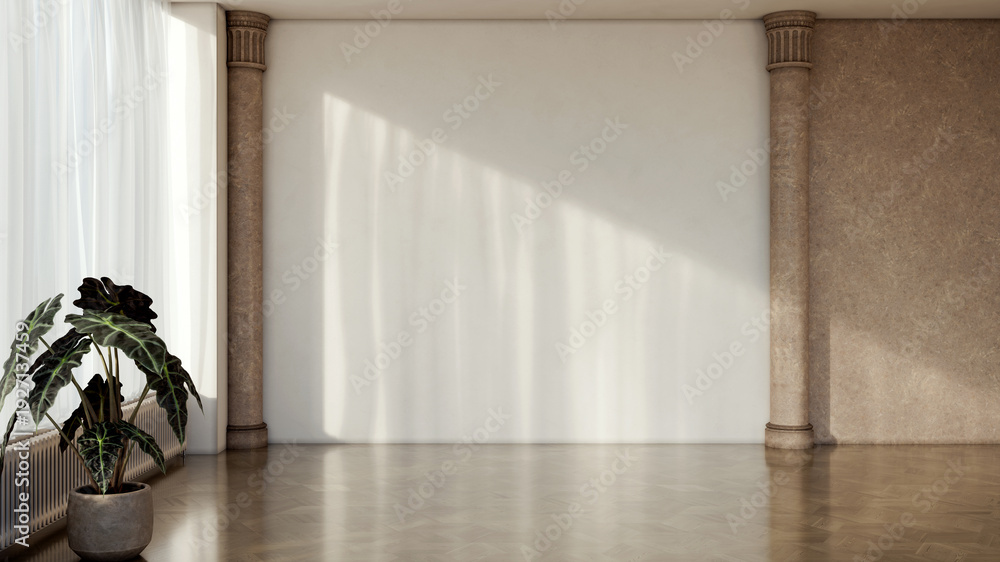 Fototapeta premium Large illustration 3D rendering luxury modern bright interiors Living room mockup with Couch and Ceiling Fan Ventilation