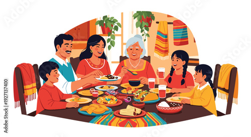 Modern vector illustration of Hispanic family sharing traditional meal together at home celebrating culture, unity, heritage and joyful family lifestyle in warm colorful interior