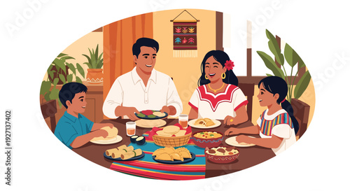 Modern vector illustration of Hispanic family sharing traditional meal together at home celebrating culture, unity, heritage and joyful family lifestyle in warm colorful interior