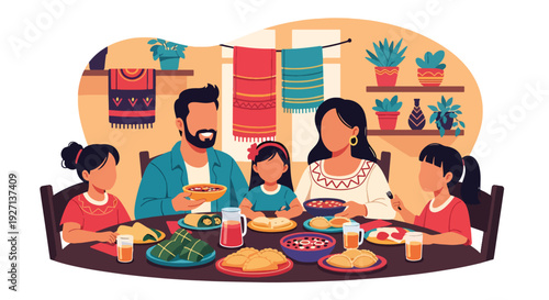 Modern vector illustration of Hispanic family sharing traditional meal together at home celebrating culture, unity, heritage and joyful family lifestyle in warm colorful interior