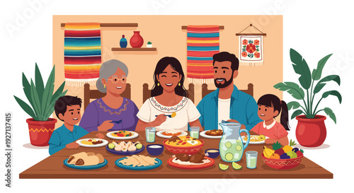 Modern vector illustration of Hispanic family sharing traditional meal together at home celebrating culture, unity, heritage and joyful family lifestyle in warm colorful interior