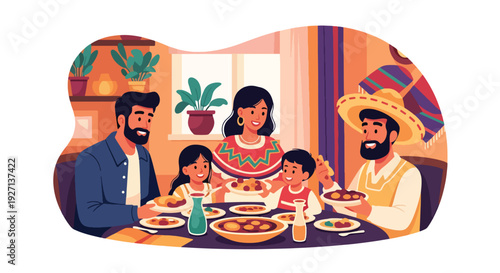 Modern vector illustration of Hispanic family sharing traditional meal together at home celebrating culture, unity, heritage and joyful family lifestyle in warm colorful interior