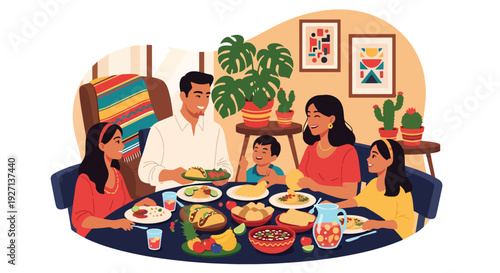 Modern vector illustration of Hispanic family sharing traditional meal together at home celebrating culture, unity, heritage and joyful family lifestyle in warm colorful interior