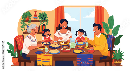 Modern vector illustration of Hispanic family sharing traditional meal together at home celebrating culture, unity, heritage and joyful family lifestyle in warm colorful interior