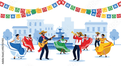Modern vector illustration of vibrant Hispanic street festival with dancers, musicians and decorative banners representing joyful tradition, community spirit and cultural celebration