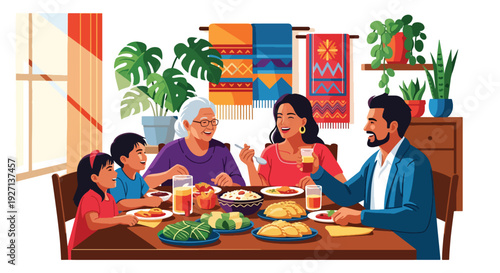 Modern vector illustration of Hispanic family sharing traditional meal together at home celebrating culture, unity, heritage and joyful family lifestyle in warm colorful interior