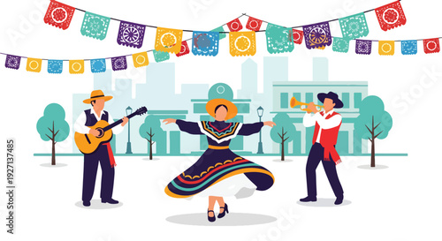 Modern vector illustration of vibrant Hispanic street festival with dancers, musicians and decorative banners representing joyful tradition, community spirit and cultural celebration