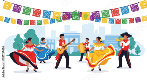 Modern vector illustration of vibrant Hispanic street festival with dancers, musicians and decorative banners representing joyful tradition, community spirit and cultural celebration