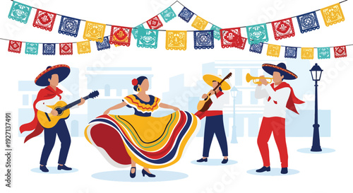 Modern vector illustration of vibrant Hispanic street festival with dancers, musicians and decorative banners representing joyful tradition, community spirit and cultural celebration