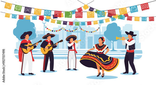 Modern vector illustration of vibrant Hispanic street festival with dancers, musicians and decorative banners representing joyful tradition, community spirit and cultural celebration