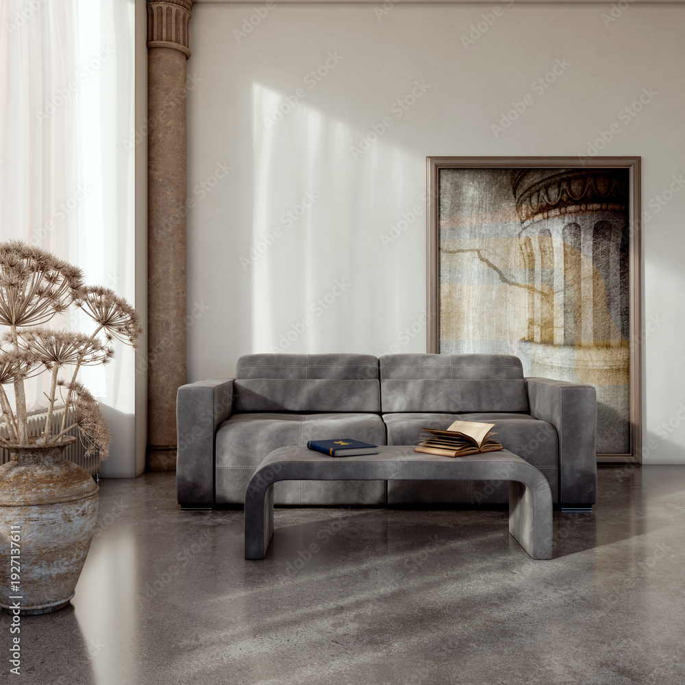 Fototapeta premium Large illustration 3D rendering luxury modern bright interiors Living room mockup with Couch and Ceiling Fan Ventilation