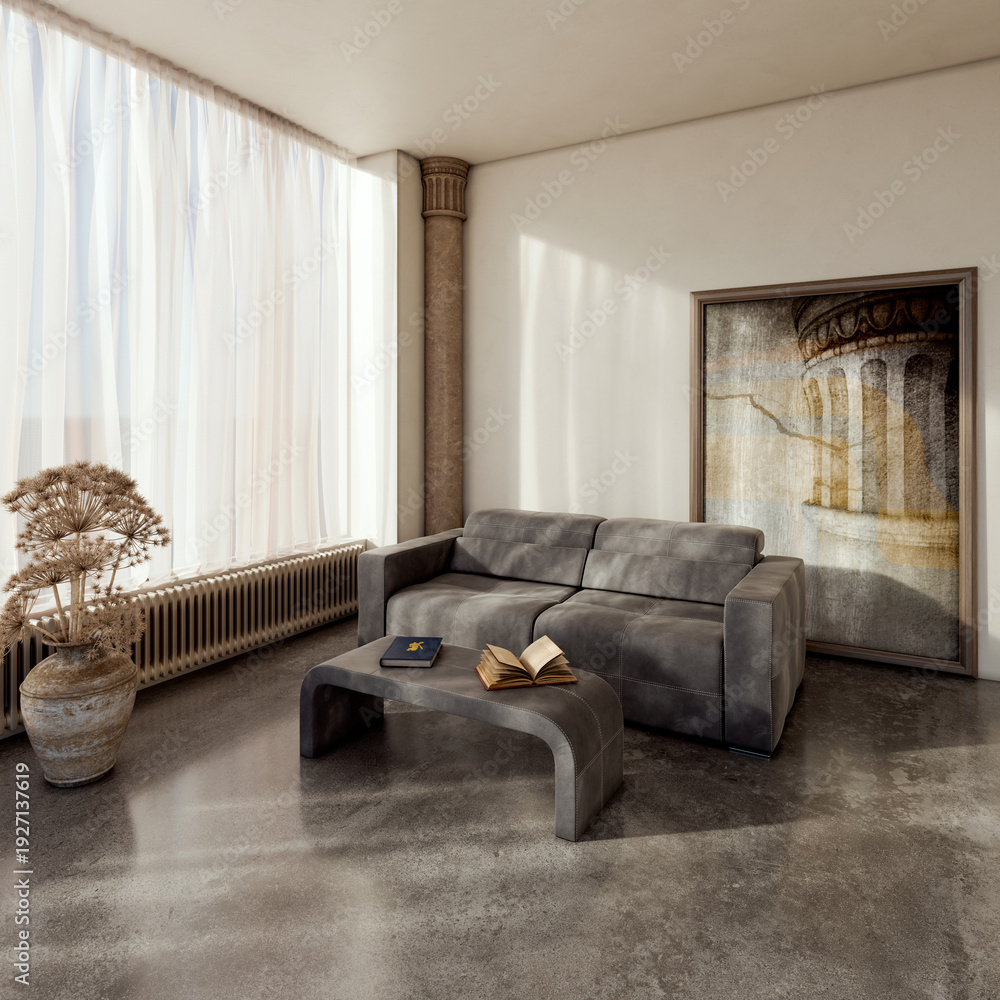 Fototapeta premium Large illustration 3D rendering luxury modern bright interiors Living room mockup with Couch and Ceiling Fan Ventilation