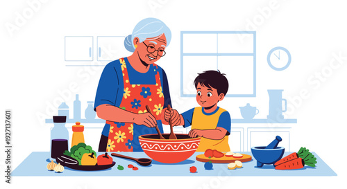 Modern vector illustration of Hispanic grandmother teaching child traditional cooking in kitchen representing generational knowledge, family bonding and cultural heritage lifestyle